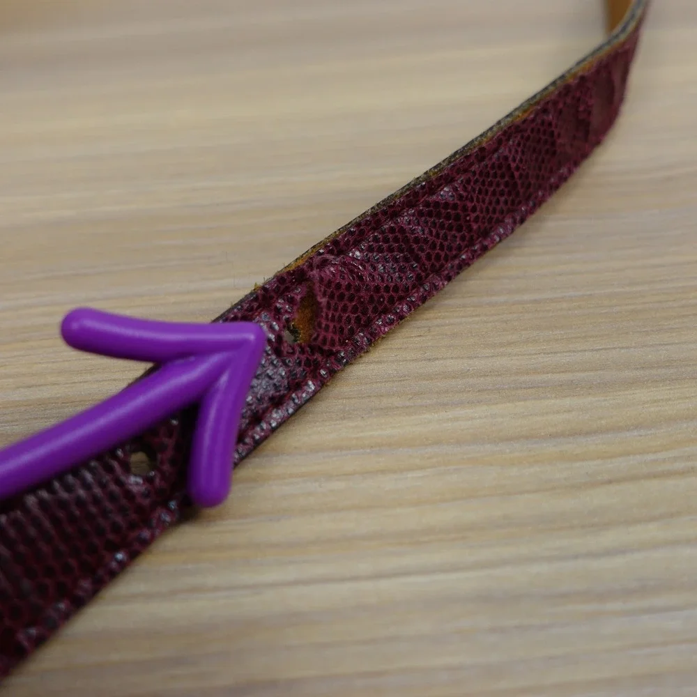 Women’s Burgundy Leather Slim Belt with Geometric Silver Buckle
